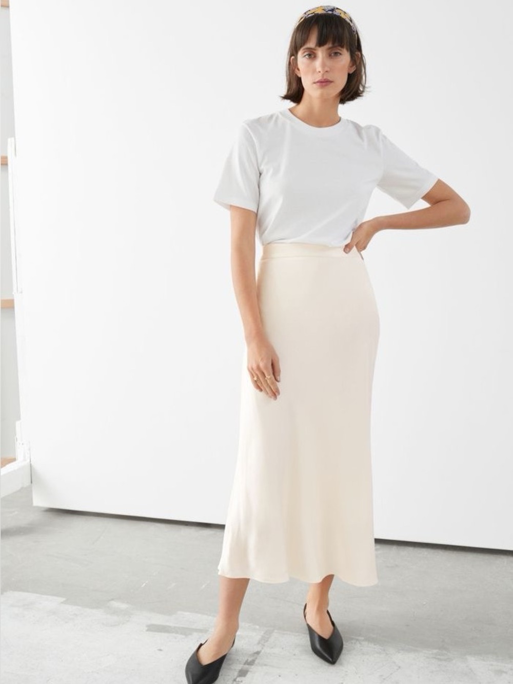 & OTHER STORIES Flowy Satin Cream Midi Skirt Size 2